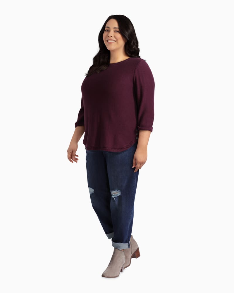 Plus size model with rectangle body shape wearing Madeline Side Button Sweater by Prescott New York | Dia&Co | dia_product_style_image_id:110893